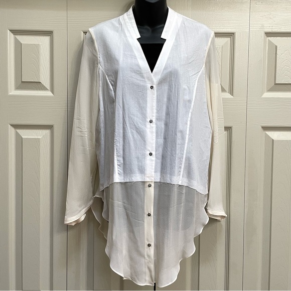 Helmut Lang Womens Element Sheer Hem Shirt Collared V-neck Cotton/Silk Sz L - Picture 2 of 11